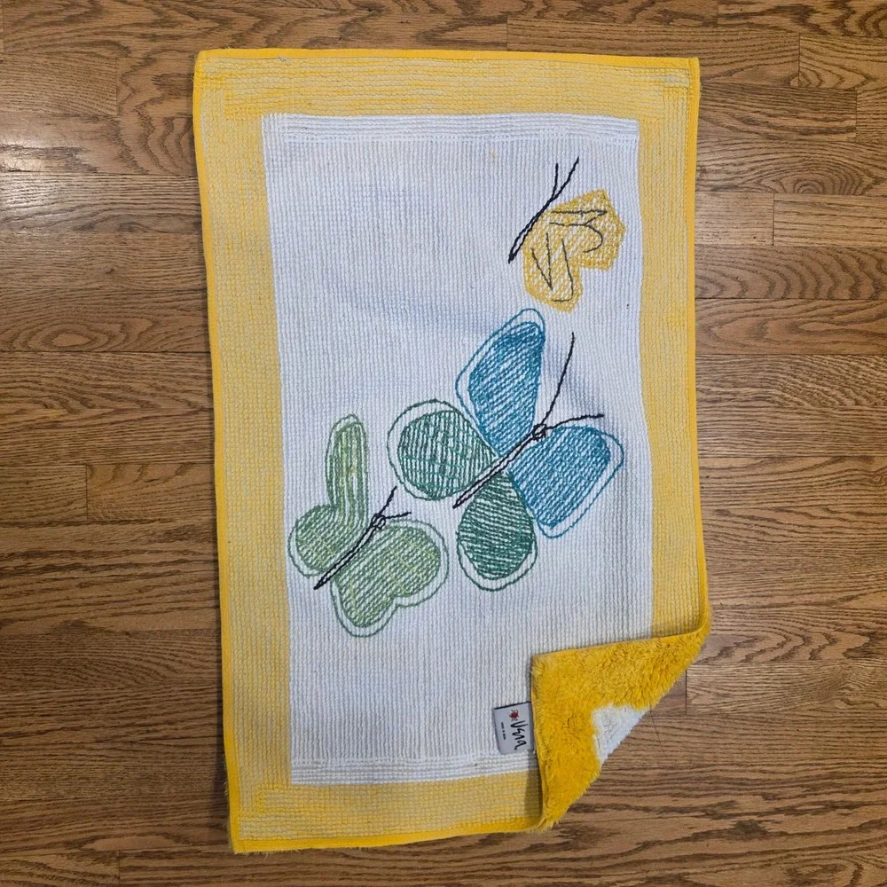 Vera Neumann Butterfly Bath Mat Yellow Blue Green MCM Grandma Cottagecore Cotton